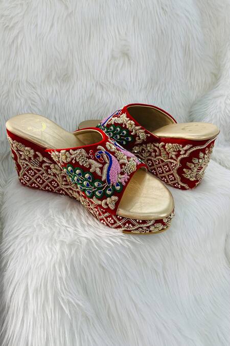 Shop Shiveen Shiveen Red Embroidery Tri Mor Velvet Wedges Online at Aza Fashions Shop_Shiveen Shiveen_Red Embroidery Tri Mor Velvet Wedges _Online_at_Aza_Fashions