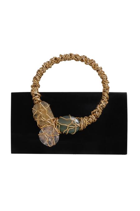 Be Chic_Black Embellished Rectangle Resin Box Clutch_Online_at_Aza_Fashions