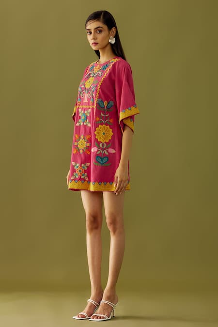 Chandrima_Fuchsia Kala Cotton Floral Applique And Beads Round Work Dress _Online_at_Aza_Fashions