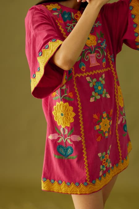 Buy_Chandrima_Fuchsia Kala Cotton Floral Applique And Beads Round Work Dress _Online_at_Aza_Fashions