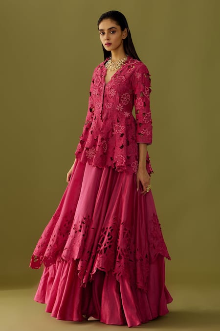 Chandrima Fuchsia Chanderi Embroidery Beads V Neck Peplum Jacket 