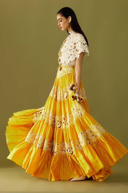 Chandrima_Ivory Silk Organza Beads High Neck Daisy Cutwork Cape _Online_at_Aza_Fashions