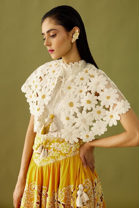 Buy_Chandrima_Ivory Silk Organza Beads High Neck Daisy Cutwork Cape _Online_at_Aza_Fashions