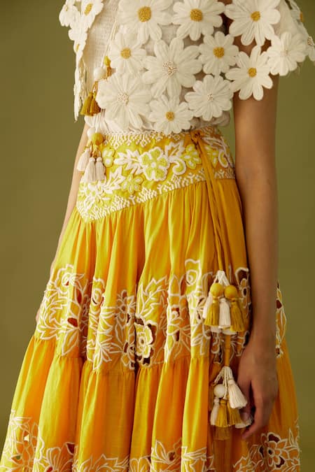 Shop_Chandrima_Ivory Silk Organza Beads High Neck Daisy Cutwork Cape _Online_at_Aza_Fashions