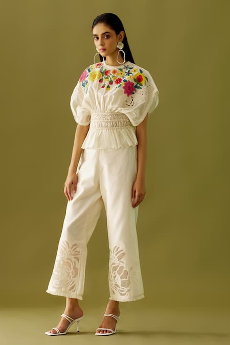 Chandrima_Ivory Chanderi Floral Motifs Crew Neck Applique Top _Online_at_Aza_Fashions