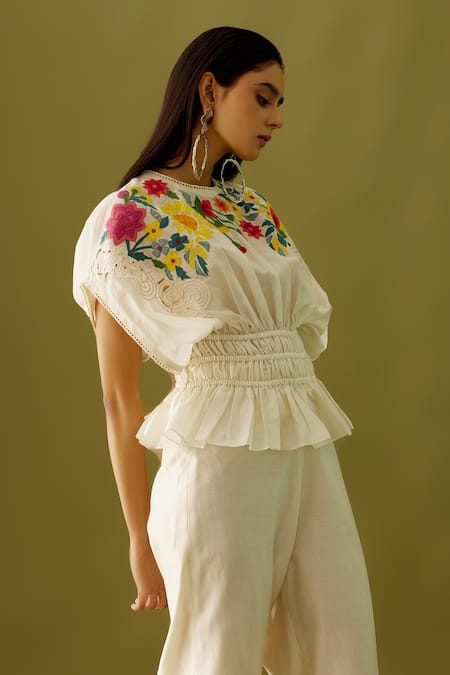 Buy_Chandrima_Ivory Chanderi Floral Motifs Crew Neck Applique Top _Online_at_Aza_Fashions