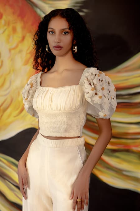Chandrima Ivory Chanderi Daisy Floral Motifs Square Neck Puff Sleeve Top Online at Aza Fashions Chandrima_Ivory Chanderi Daisy Floral Motifs Square Neck Puff Sleeve Top _Online_at_Aza_Fashions