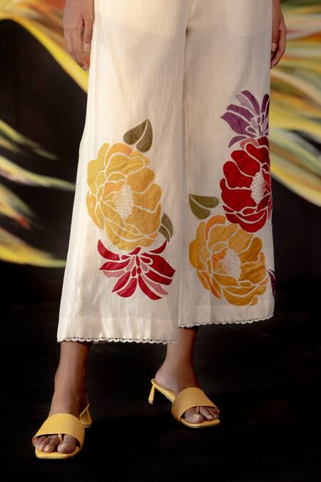 Chandrima_Ivory Chanderi Embroidered Floral Appliques Pant _Online_at_Aza_Fashions