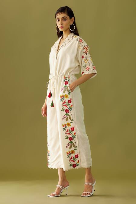 Chandrima_Ivory Chanderi Beads And Thread, Applique Work Collared Neck Jumpsuit _Online_at_Aza_Fashions