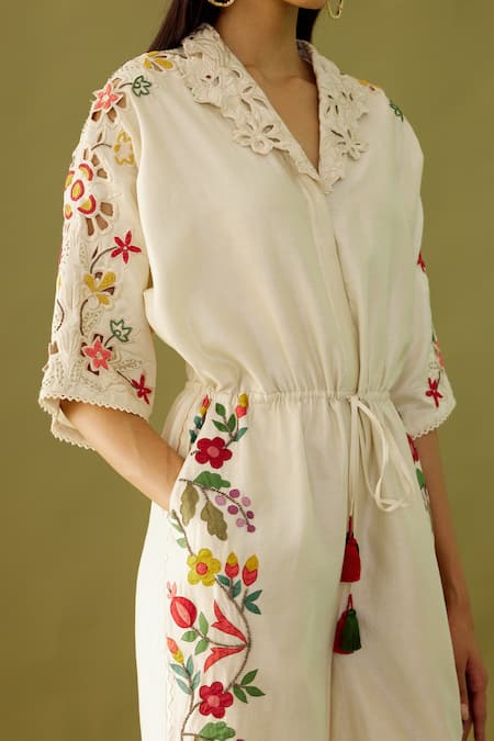 Buy_Chandrima_Ivory Chanderi Beads And Thread, Applique Work Collared Neck Jumpsuit _Online_at_Aza_Fashions