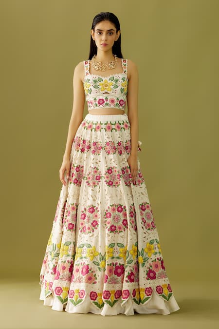 Chandrima_Ivory Chanderi Floral Pattern Embroidered Lehenga _Online_at_Aza_Fashions