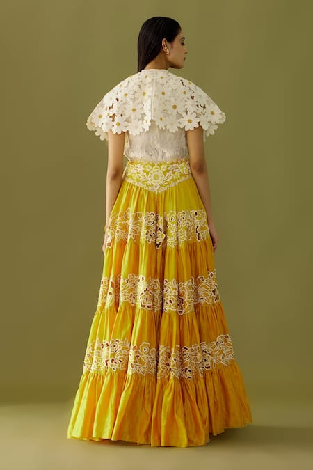 Shop_Chandrima_Yellow Chanderi Bead And Thread Tiered Lehenga _at_Aza_Fashions