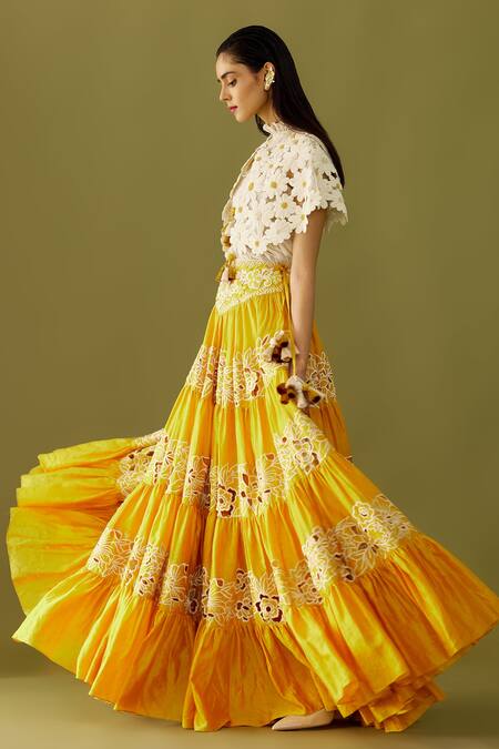 Chandrima_Yellow Chanderi Bead And Thread Tiered Lehenga _Online_at_Aza_Fashions