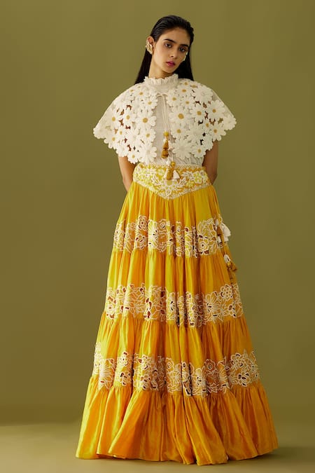 Buy_Chandrima_Yellow Chanderi Bead And Thread Tiered Lehenga _Online_at_Aza_Fashions