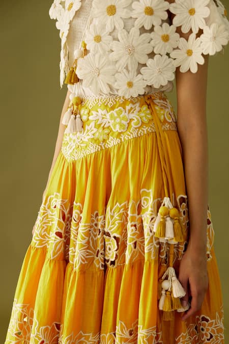 Shop_Chandrima_Yellow Chanderi Bead And Thread Tiered Lehenga _Online_at_Aza_Fashions