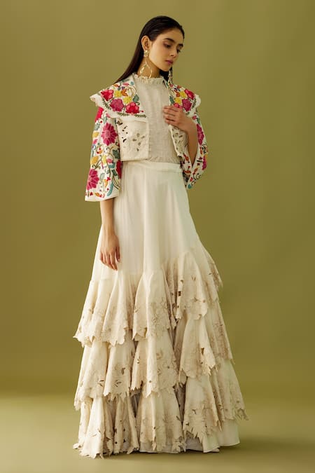 Chandrima_Ivory Chanderi Floral Pattern Cutwork Ruffle Lehenga _Online_at_Aza_Fashions