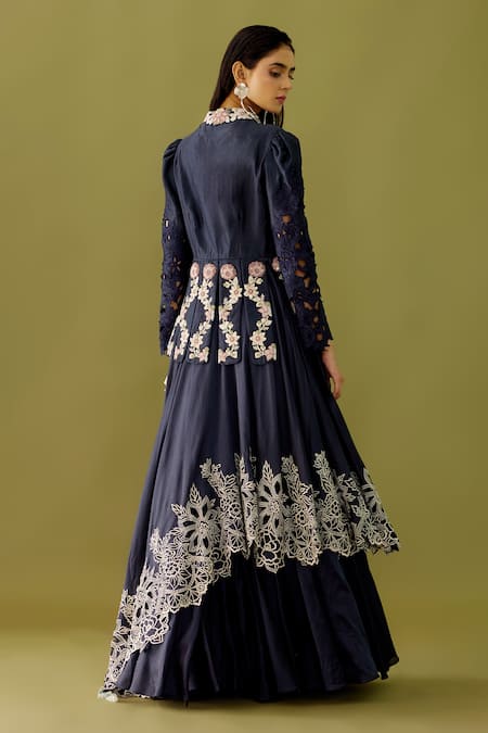 Shop_Chandrima_Blue Chanderi Floral Cutwork Lehenga _at_Aza_Fashions
