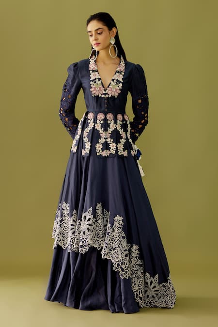 Chandrima_Blue Chanderi Floral Cutwork Lehenga _Online_at_Aza_Fashions