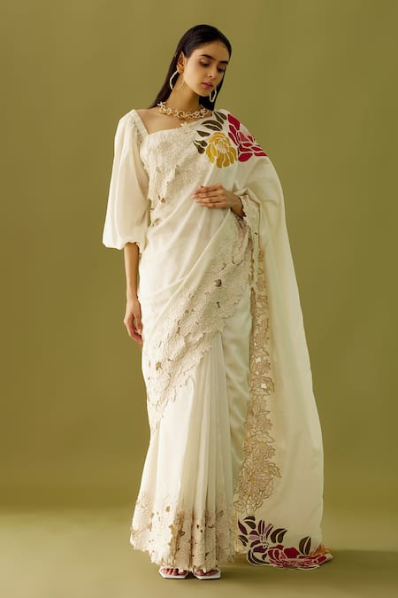 Chandrima Ivory Chanderi Embroidered Floral Appliques Saree 