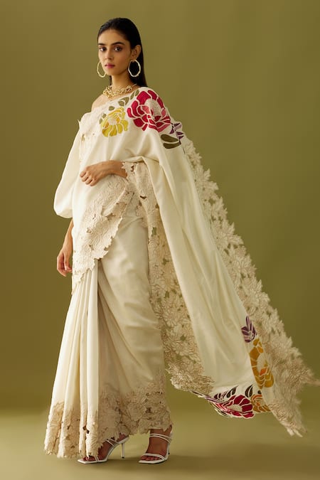 Chandrima Ivory Chanderi Floral Appliques Saree Online at Aza Fashions Chandrima_Ivory Chanderi Floral Appliques Saree _Online_at_Aza_Fashions