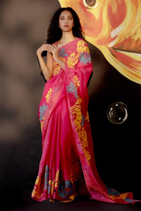 Shop_Chandrima_Fuchsia Organza, Chanderi Floral Motifs Embroidered Saree _at_Aza_Fashions