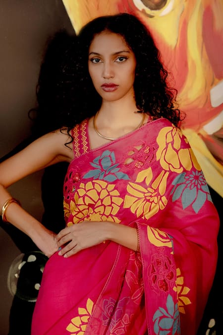 Chandrima_Fuchsia Organza, Chanderi Floral Motifs Embroidered Saree _Online_at_Aza_Fashions