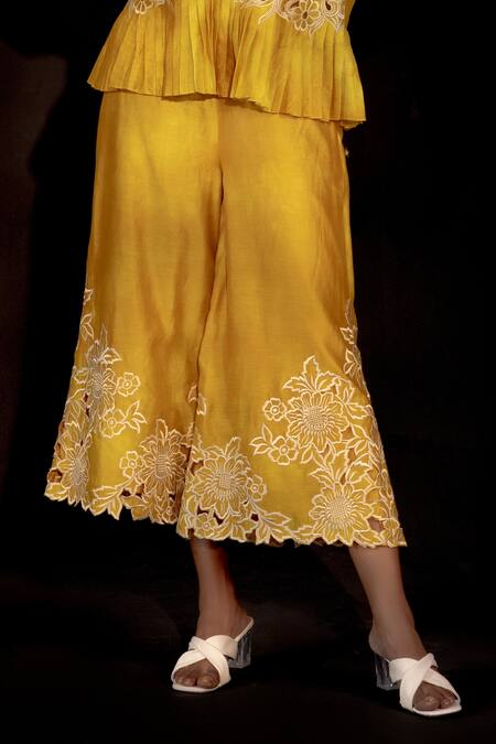Chandrima Yellow Chanderi Floral Motifs Tie Dye Cutwork Pant Online at Aza Fashions Chandrima_Yellow Chanderi Floral Motifs Tie Dye Cutwork Pant _Online_at_Aza_Fashions