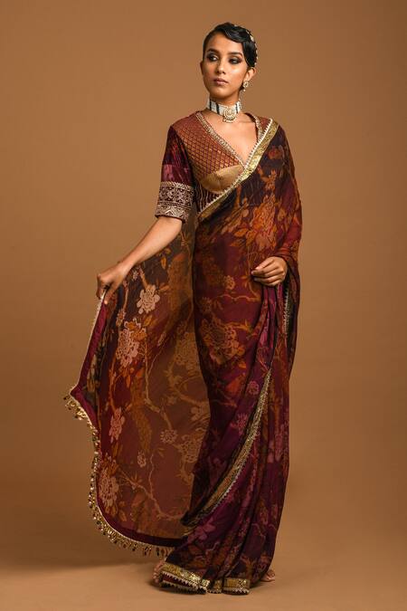 Sonia Baderia_Maroon Chanderi Jacquard, Gold Tissue, Sareepaper Silk Floral Saree With_Online_at_Aza_Fashions