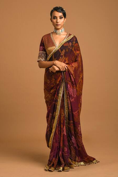 Buy_Sonia Baderia_Maroon Chanderi Jacquard, Gold Tissue, Sareepaper Silk Floral Saree With_Online_at_Aza_Fashions