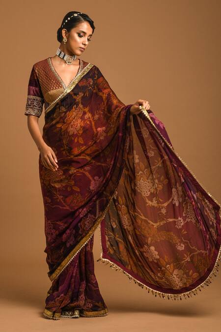 Shop_Sonia Baderia_Maroon Chanderi Jacquard, Gold Tissue, Sareepaper Silk Floral Saree With_Online_at_Aza_Fashions