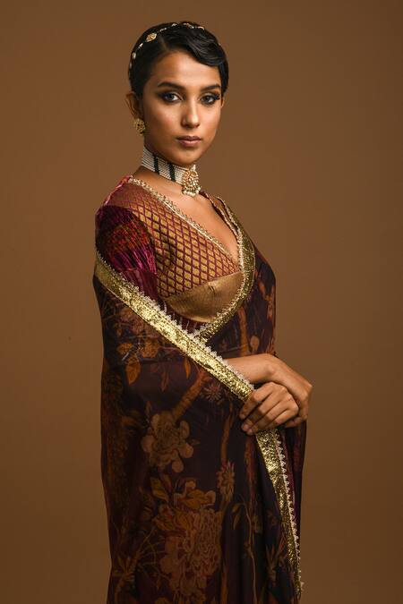 Sonia Baderia_Maroon Chanderi Jacquard, Gold Tissue, Sareepaper Silk Floral Saree With_at_Aza_Fashions