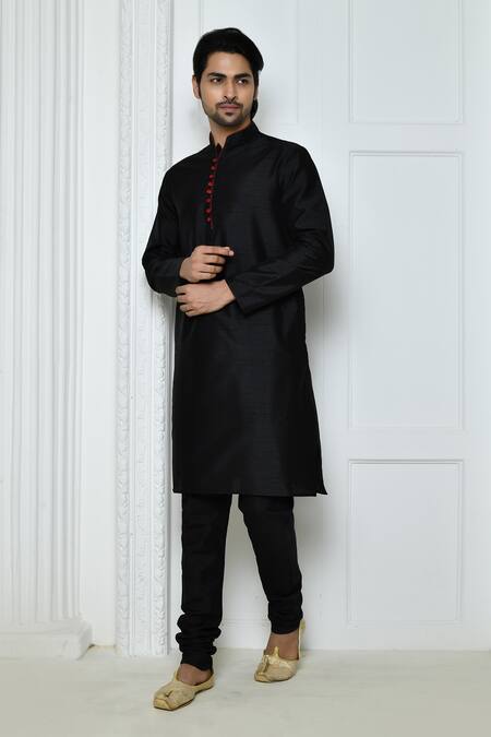 Arihant Rai Sinha Black Silk Solid Mandarin Collar Kurta Set 