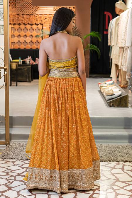 Shop_Soniya G_Yellow Silk Blend Geometric Halter Neck Pattern Lehenga Set _at_Aza_Fashions