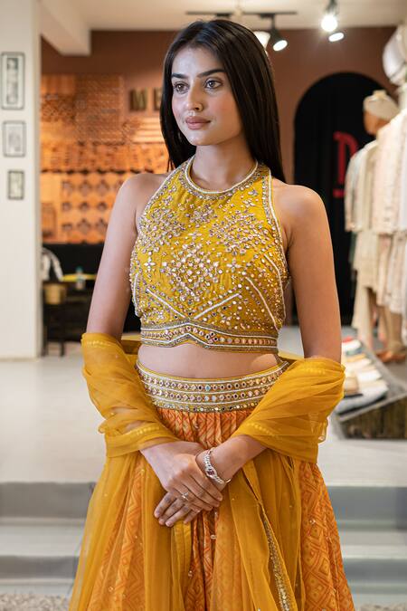 Soniya G_Yellow Silk Blend Geometric Halter Neck Pattern Lehenga Set _Online_at_Aza_Fashions