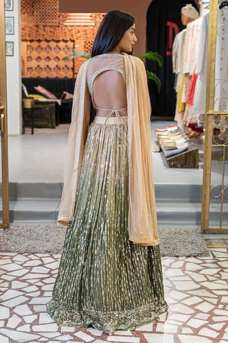 Shop_Soniya G_Green Silk Blend Geometric V Neck Ombre Embroidered Lehenga And Blouse Set _at_Aza_Fashions