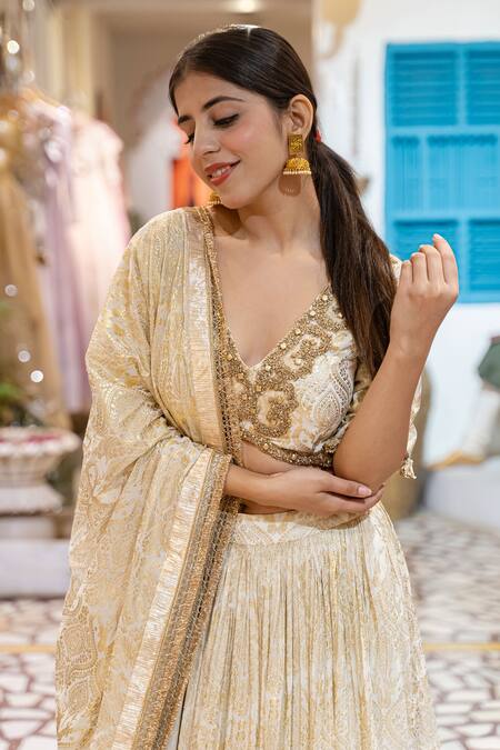 Soniya G_Ivory , Satin Embroidery Paisley Pattern Lehenga Set For Kids_Online_at_Aza_Fashions