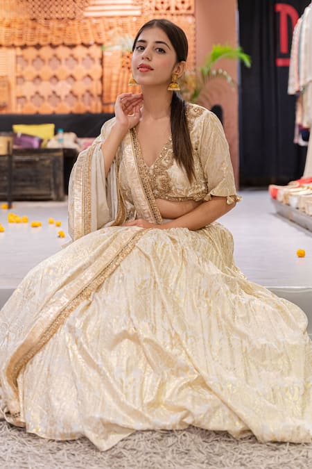 Buy_Soniya G_Ivory , Satin Embroidery Paisley Pattern Lehenga Set For Kids_Online_at_Aza_Fashions