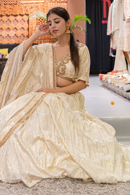 Shop_Soniya G_Ivory , Satin Embroidery Paisley Pattern Lehenga Set For Kids_Online_at_Aza_Fashions