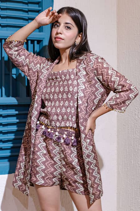 Soniya G_Pink Cotton Blend Stripes Topsquare Jacketopen Geometric Pattern And Pant Set_Online_at_Aza_Fashions