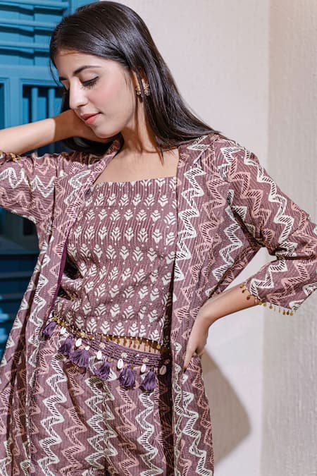 Shop_Soniya G_Pink Cotton Blend Stripes Topsquare Jacketopen Geometric Pattern And Pant Set_Online_at_Aza_Fashions