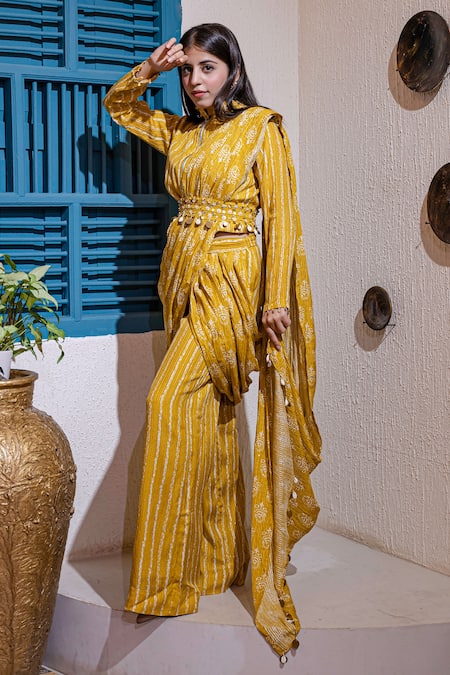 Shop_Soniya G_Yellow Cotton Blend Stripes Round Pattern Pant Saree With Blouse _at_Aza_Fashions