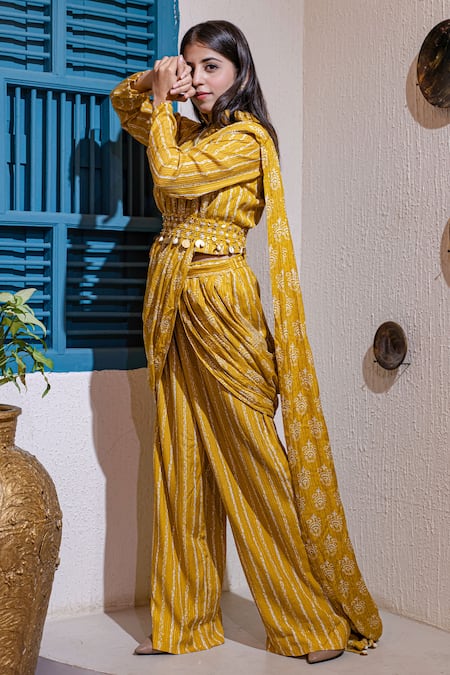 Yellow Dhoti Set with Pre-Stitched Dupatta and Beaded Belt | Sonam Luthria  | Outfits, Indian designer outfits, Raw silk lehenga