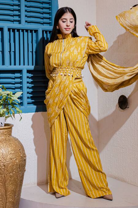 Buy_Soniya G_Yellow Cotton Blend Stripes Round Pattern Pant Saree With Blouse _Online_at_Aza_Fashions