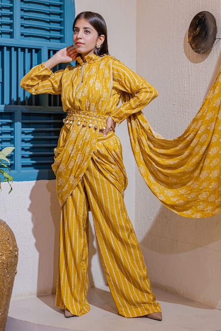 Shop_Soniya G_Yellow Cotton Blend Stripes Round Pattern Pant Saree With Blouse _Online_at_Aza_Fashions
