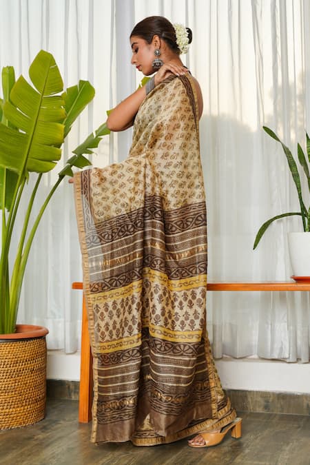 Ruchira Nangalia_Brown Chanderi Printed Ajrakh Saree  _Online_at_Aza_Fashions