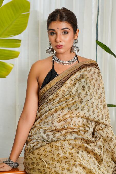 Buy_Ruchira Nangalia_Brown Chanderi Printed Ajrakh Saree  _Online_at_Aza_Fashions
