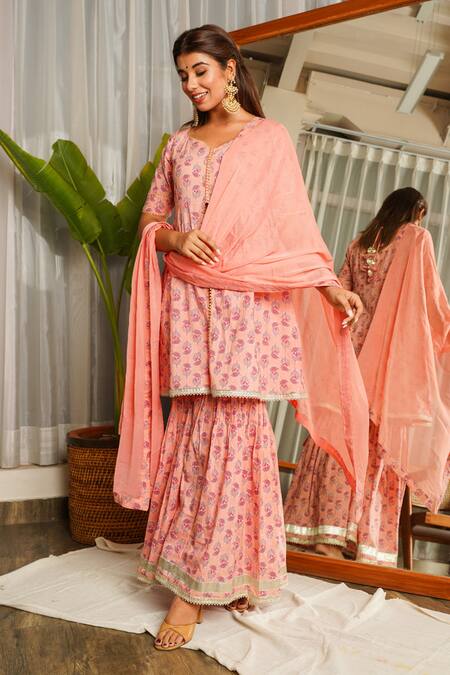 Buy_Ruchira Nangalia_Peach Dupatta Chiffon, Kurta And Pants 100 % Cotton Floral Printed Sharara Set_Online_at_Aza_Fashions