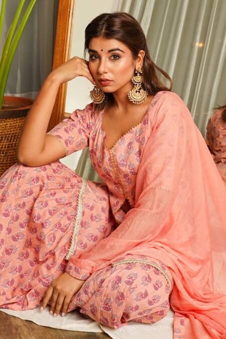 Shop_Ruchira Nangalia_Peach Dupatta Chiffon, Kurta And Pants 100 % Cotton Floral Printed Sharara Set_Online_at_Aza_Fashions