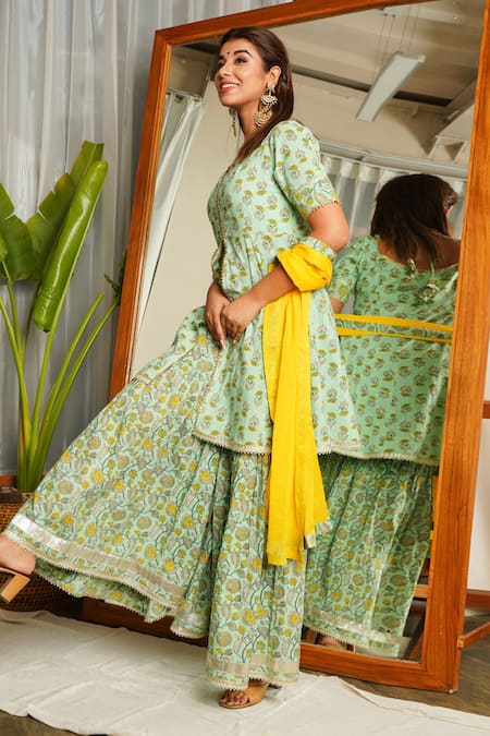 Ruchira Nangalia_Green Dupatta Chiffon, Kurta And Pants 100% Cotton Floral Printed Sharara Set _Online_at_Aza_Fashions