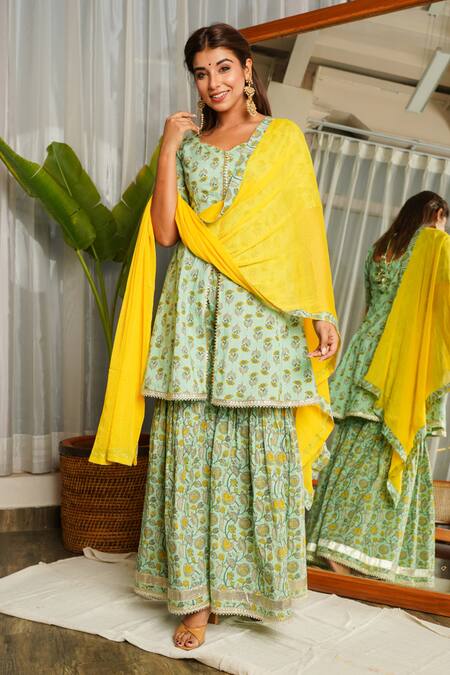 Buy Yellow Raw Silk And Georgette Embroidered Thread Round Kurta Sharara  Set For Women by Monisha Jaising Online at Aza Fashions.